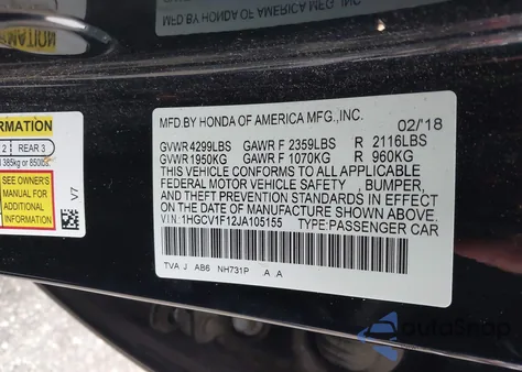 2018 Honda Accord Lx z USA, uszkodzony, nr VIN 1HGCV1F12JA105155